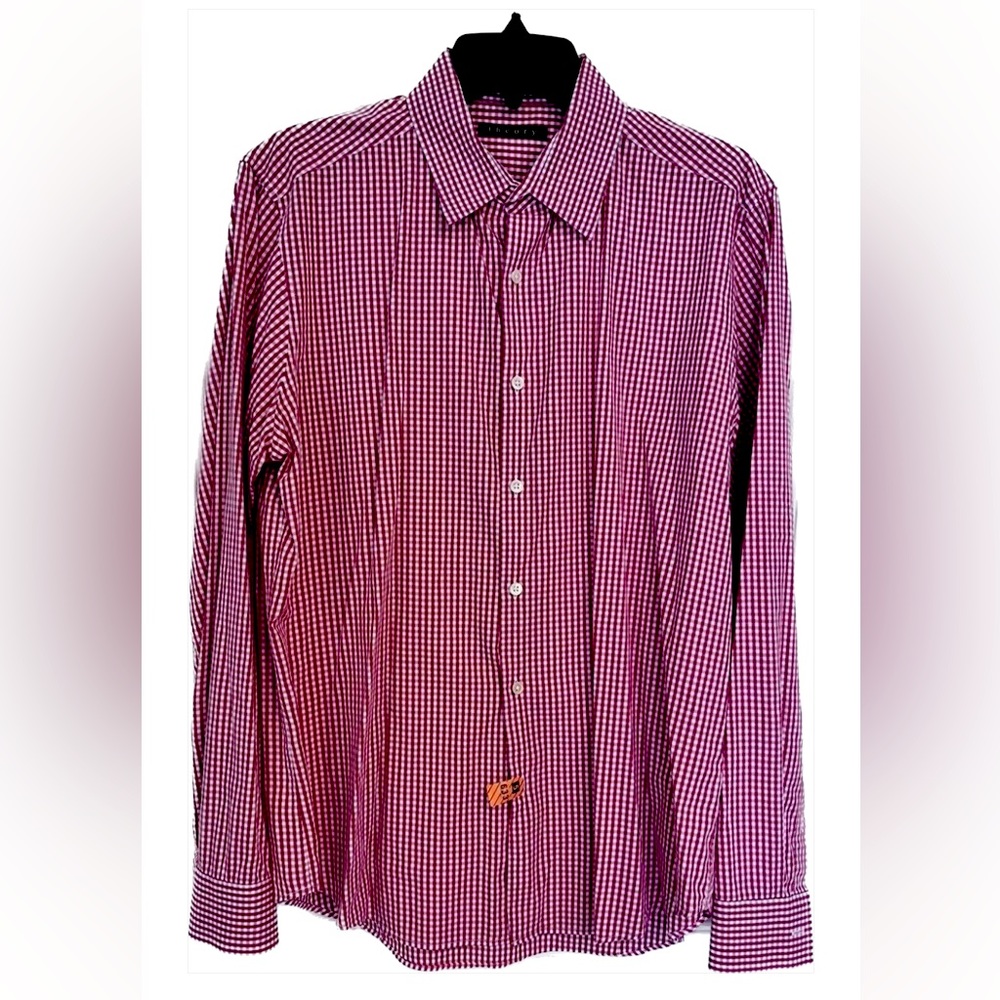 Theory Red and White Gingham Check Casual Dress Shirt Size Large